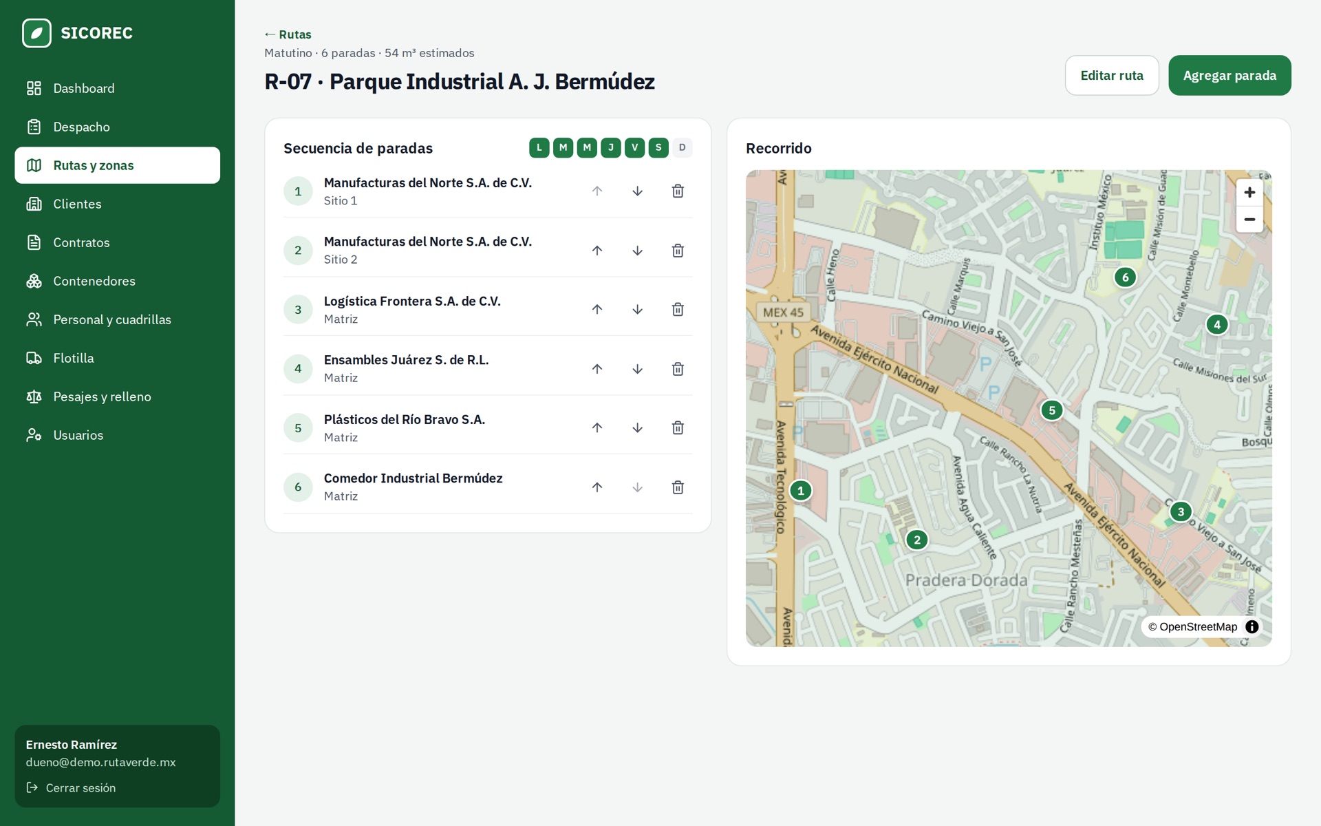 Detalle de ruta con la secuencia de paradas y el recorrido numerado en el mapa
